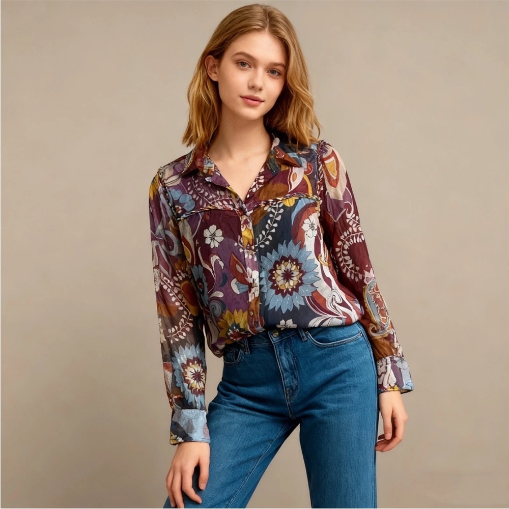 Johnny Was Jade Katerina Braided  Multicolor Floral Blouse